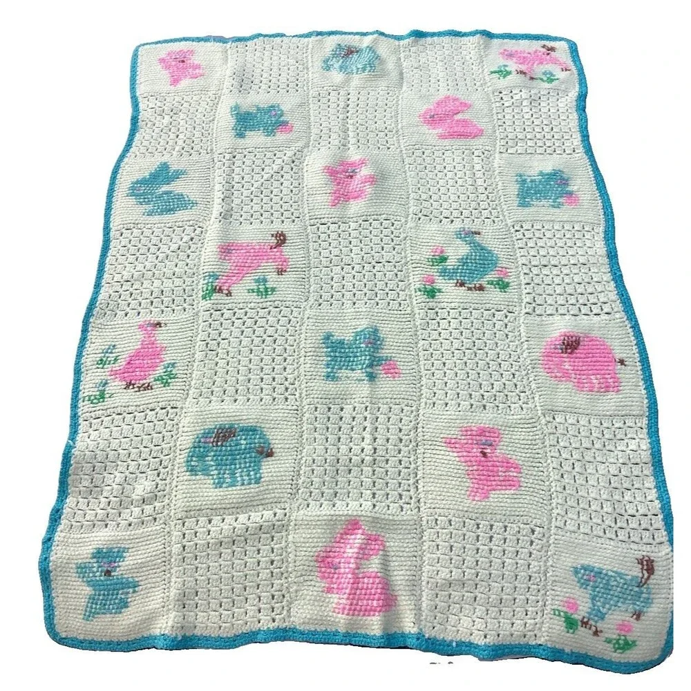 Vintage Crochet Baby Blanket Afghan Throw White Blocks Squares Animals Handmade